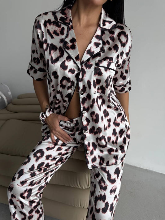 Satin Leopard Print Pajama Set with Long Pants and Short Sleeve Shirt – Fierce and Chic Loungewear for Bold Comfort, Pajama Set for Women
