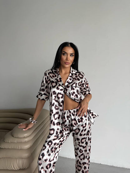 Satin Leopard Print Pajama Set with Long Pants and Short Sleeve Shirt – Fierce and Chic Loungewear for Bold Comfort, Pajama Set for Women