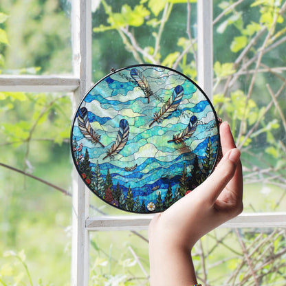 drifting feathers in mountain sky blue stained glass suncatcher gift for nature lovers