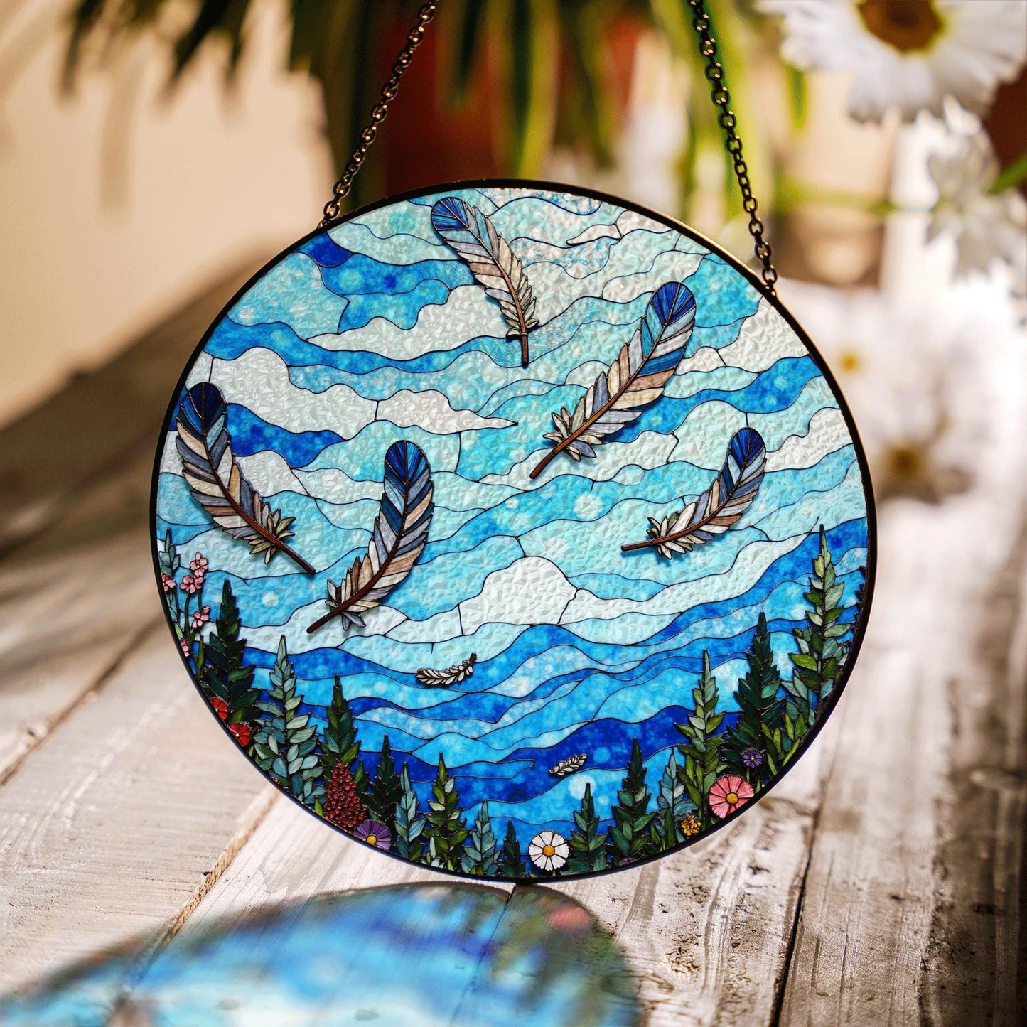 drifting feathers in mountain sky blue stained glass suncatcher gift for nature lovers