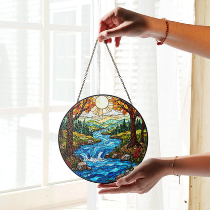 autumn forest river stained glass window hanging nature suncatcher gift for nature lover