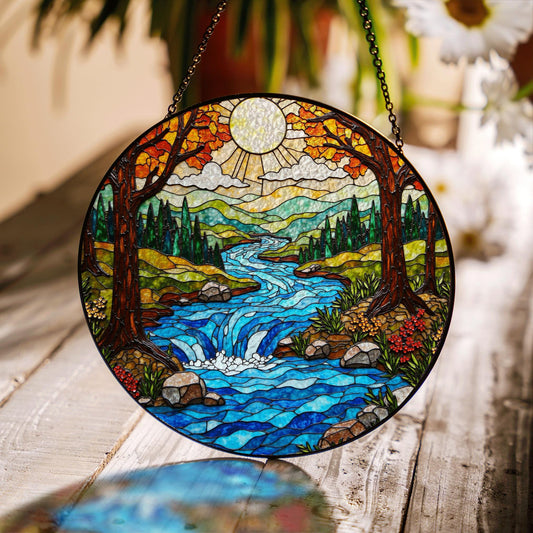 autumn forest river stained glass window hanging nature suncatcher gift for nature lover