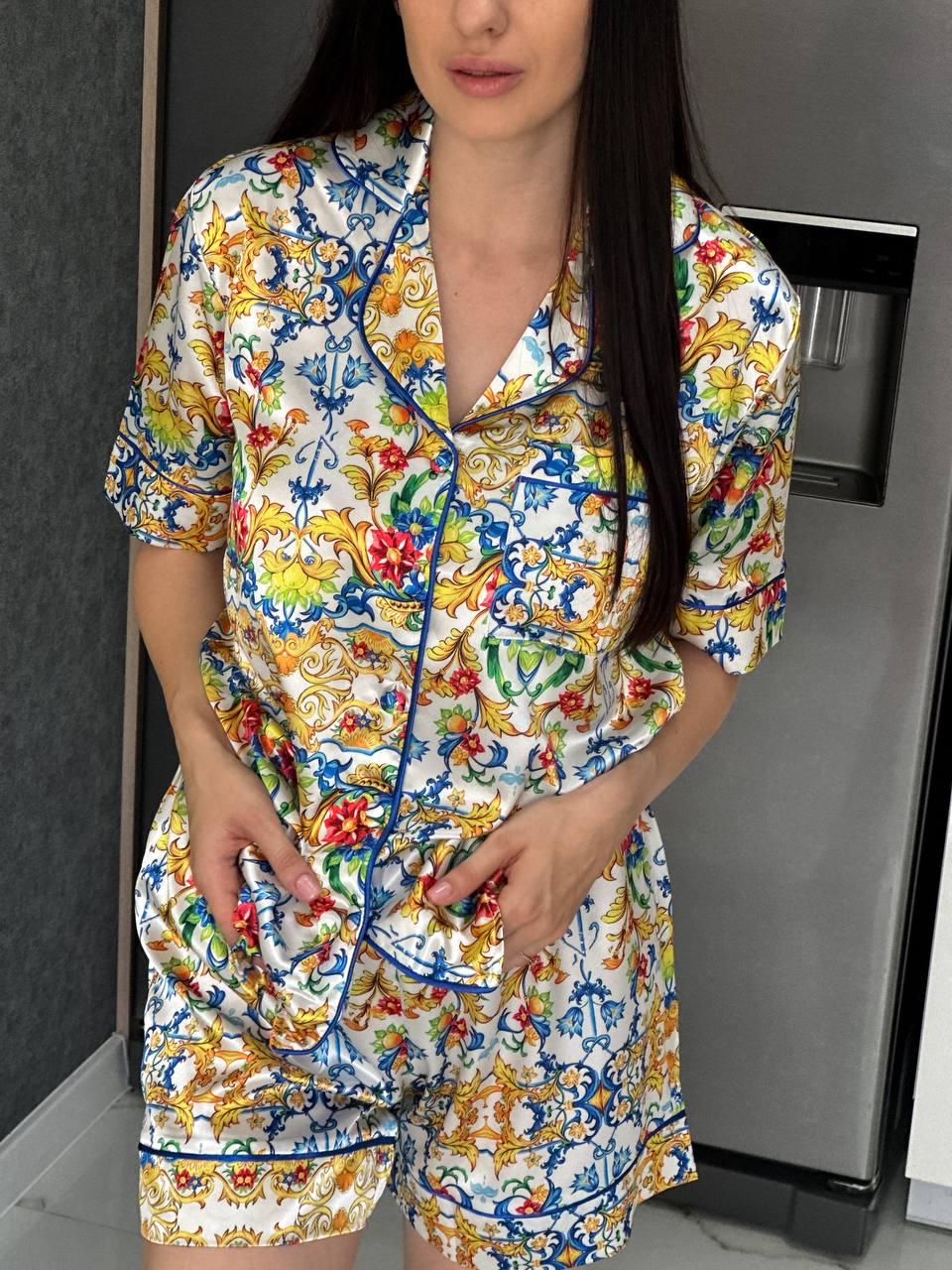 Baroque-Inspired Satin Pajama Set for Women with Vibrant Florals and Royal Pattern in Short Sleeve and Shorts Design, Satin Pajama Set