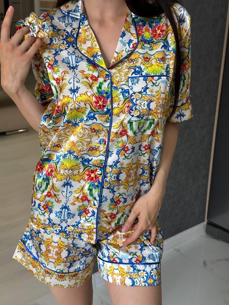 Baroque-Inspired Satin Pajama Set for Women with Vibrant Florals and Royal Pattern in Short Sleeve and Shorts Design, Satin Pajama Set