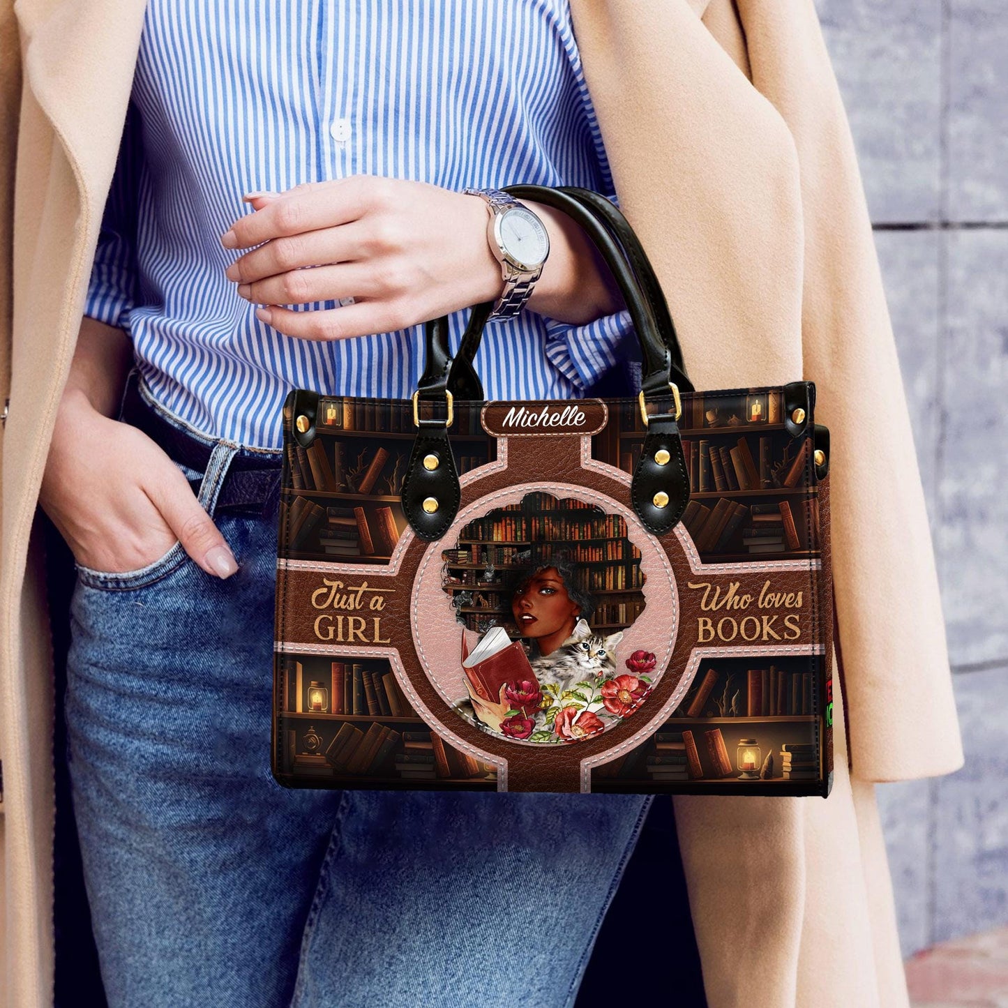 Custom Afro Girl Leather Handbag, Personalized Book Lover Purse with Cat and Flowers, Gift for Women Who Love Reading