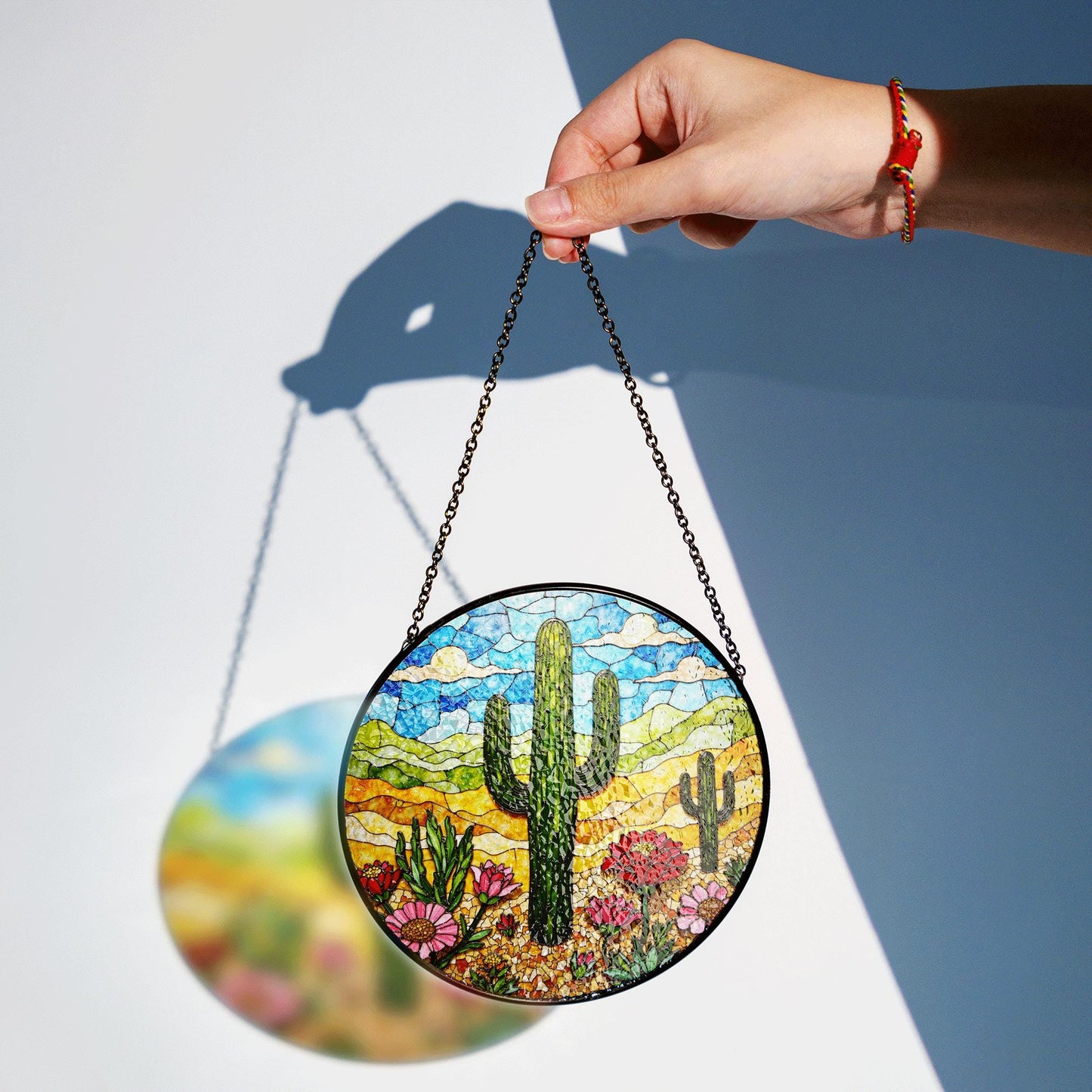 Desert cactus bloom stained glass suncatcher with wildflowers and sky gift for nature lovers