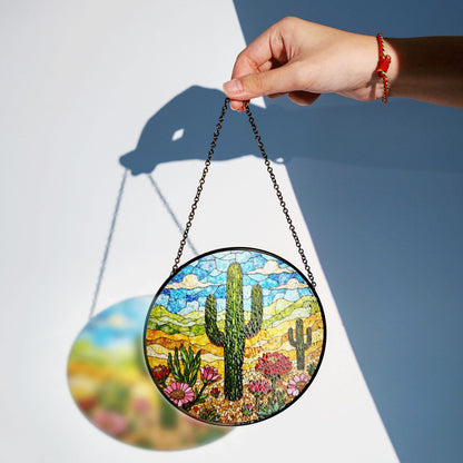 Desert cactus bloom stained glass suncatcher with wildflowers and sky gift for nature lovers