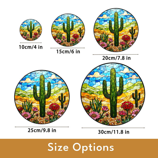 Desert cactus bloom stained glass suncatcher with wildflowers and sky gift for nature lovers