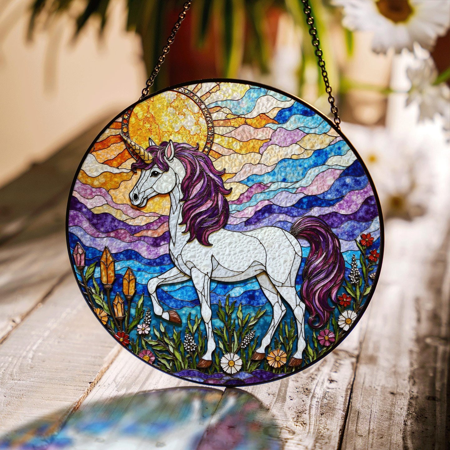 Opalescent unicorn in crystal bloom field iridescent stained glass window decor gift for fantasy lover