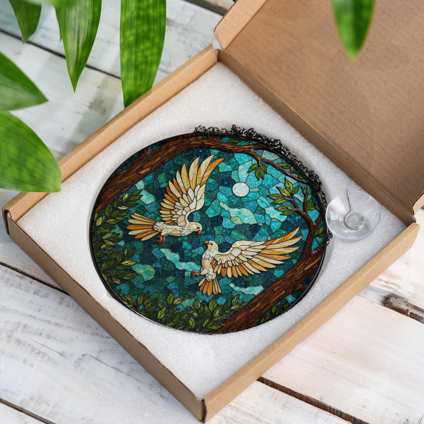 moonlit forest doves stained glass style round suncatcher bird art window decor gift for bird lovers