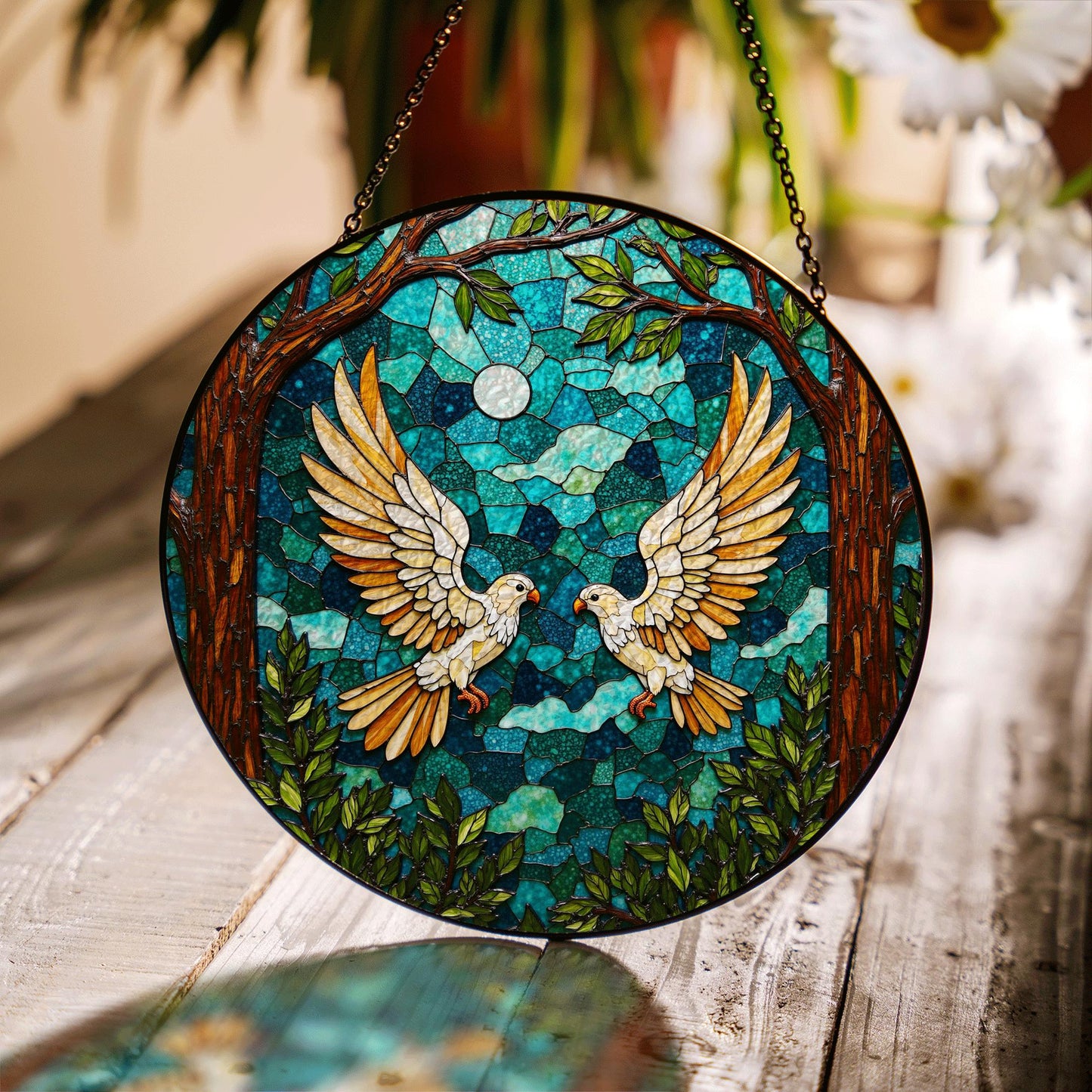 moonlit forest doves stained glass style round suncatcher bird art window decor gift for bird lovers