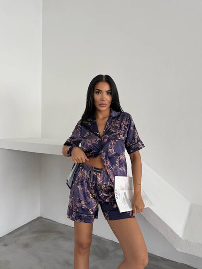 Dark Purple Satin Pajama Set with Baroque Floral Design for Women Featuring Short Sleeve Top and Relaxed Fit Shorts, Satin Pajama Set Women