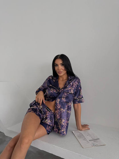 Dark Purple Satin Pajama Set with Baroque Floral Design for Women Featuring Short Sleeve Top and Relaxed Fit Shorts, Satin Pajama Set Women
