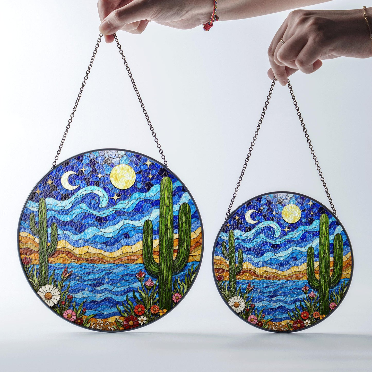 Desert Night Sky Cactus Landscape Colorful Suncatcher Window Hanging Gift for Nature Lover