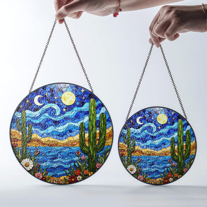 Desert Night Sky Cactus Landscape Colorful Suncatcher Window Hanging Gift for Nature Lover