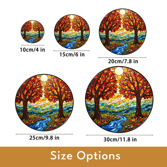 Autumn Trees River Flow Stained Glass Round Suncatcher Gift for Nature Lovers Home Decor