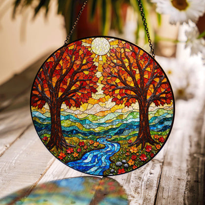 Autumn Trees River Flow Stained Glass Round Suncatcher Gift for Nature Lovers Home Decor