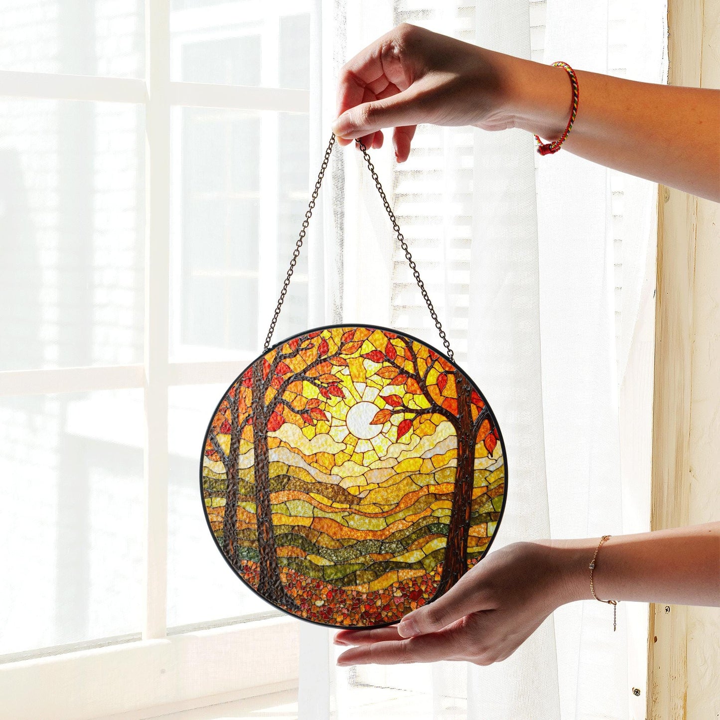 Autumn forest stained glass suncatcher sunlit trees fall landscape gift for nature lover window decoration