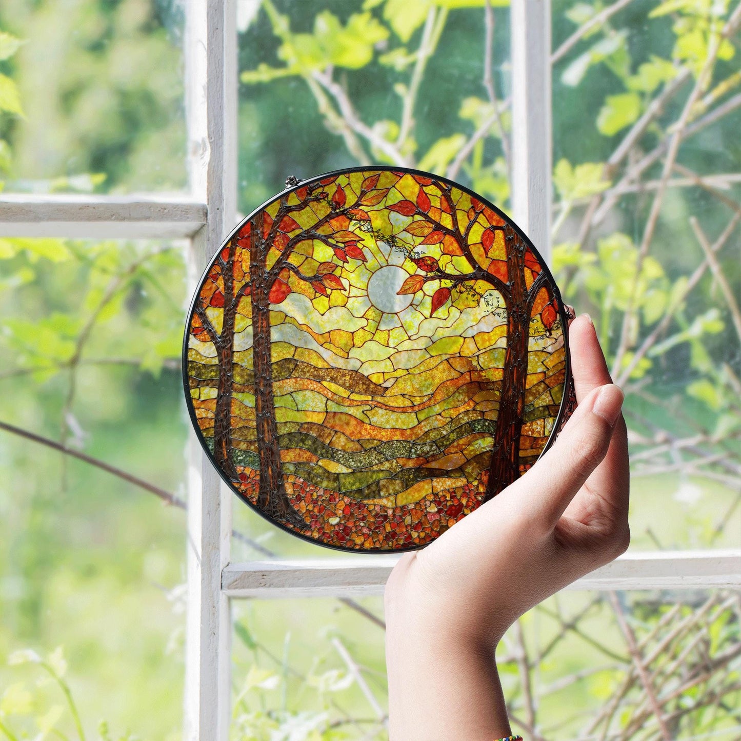Autumn forest stained glass suncatcher sunlit trees fall landscape gift for nature lover window decoration