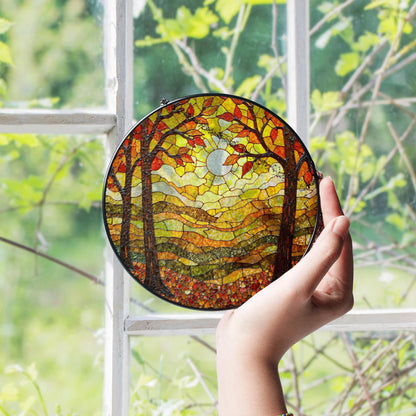 Autumn forest stained glass suncatcher sunlit trees fall landscape gift for nature lover window decoration