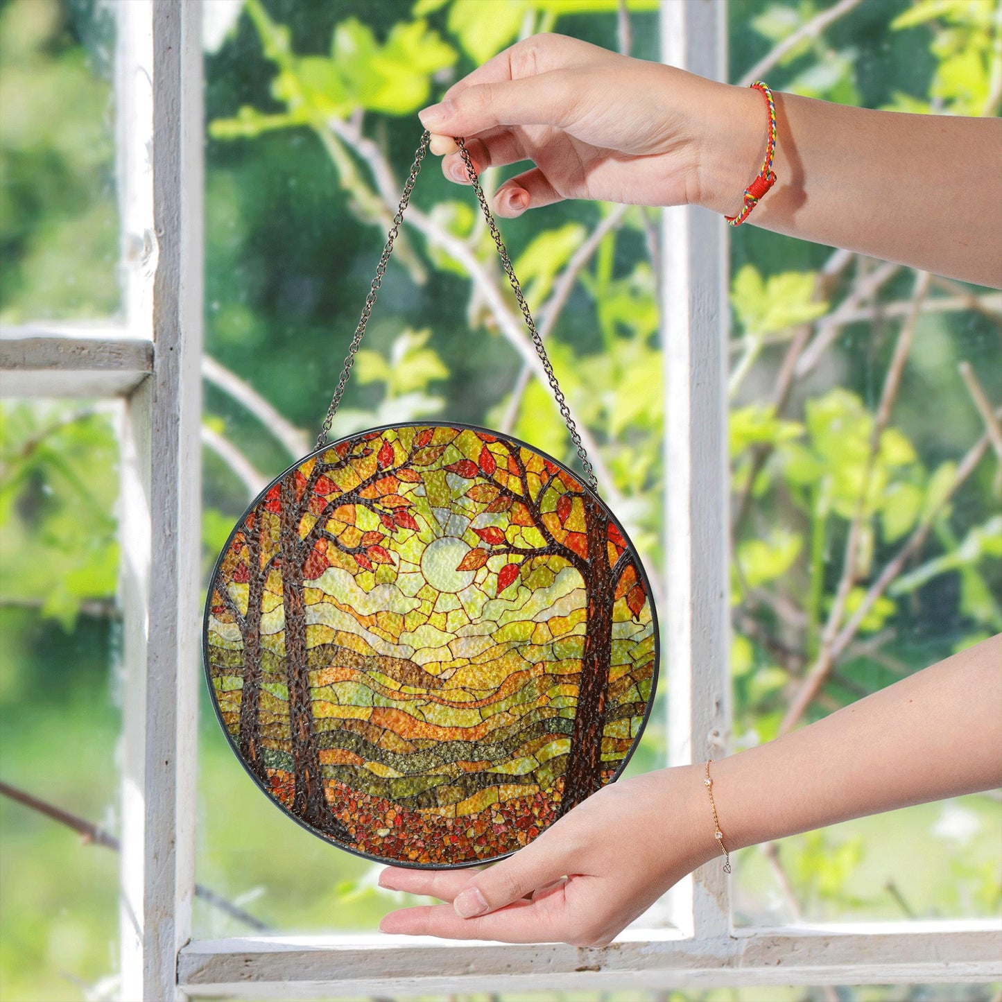 Autumn forest stained glass suncatcher sunlit trees fall landscape gift for nature lover window decoration