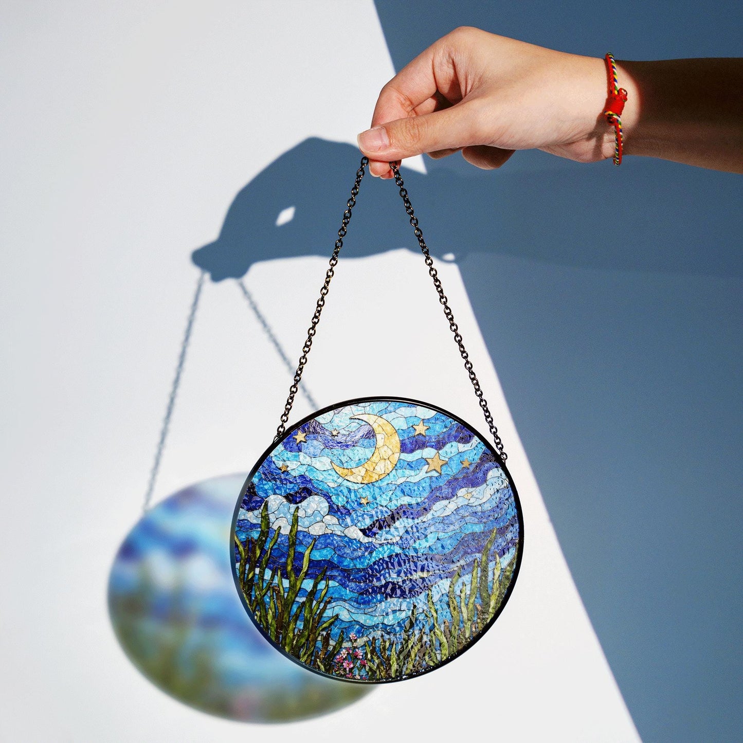 Crescent Moon Starry Sky Night Dream Suncatcher Stained Glass Window Decor Gift for Nature Lovers