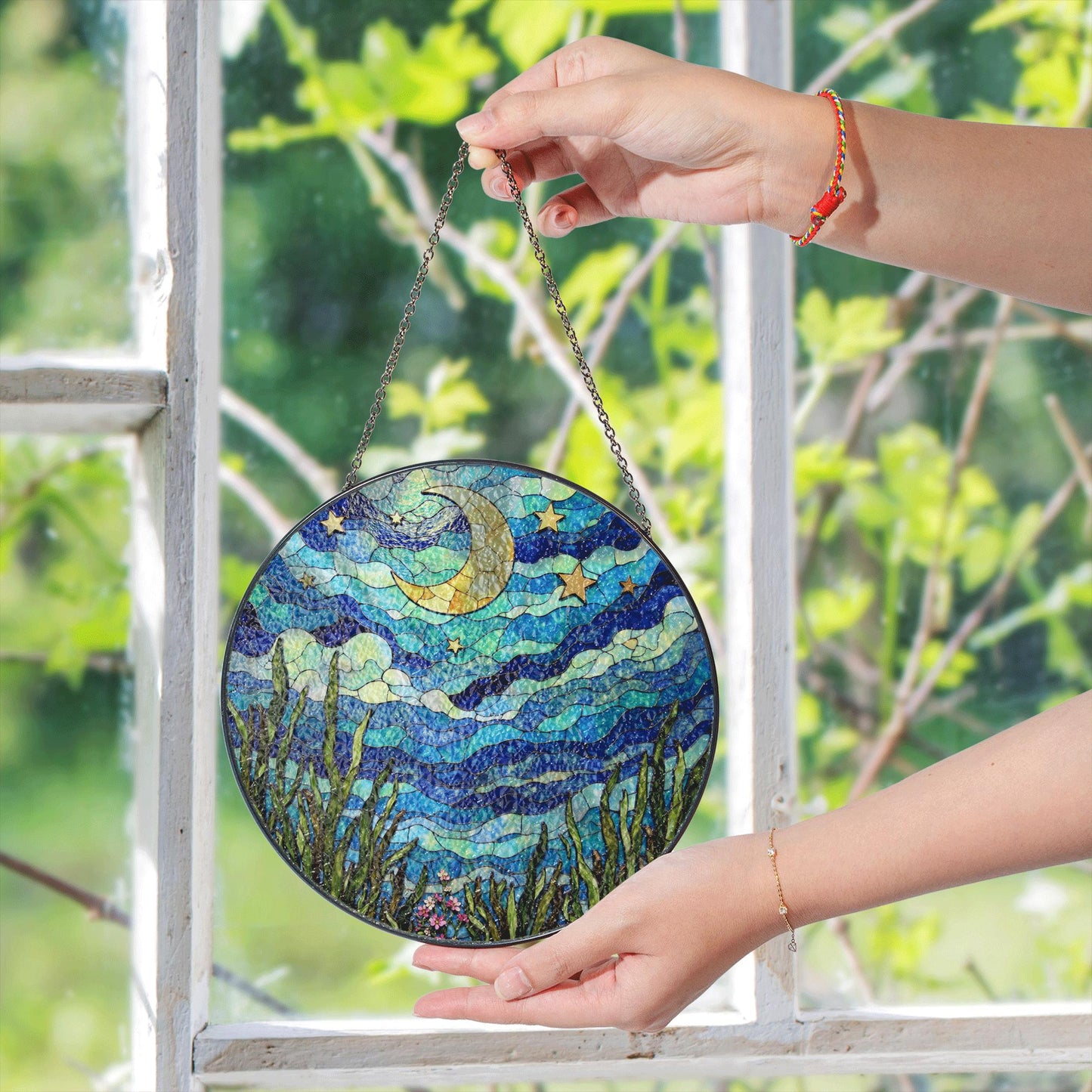 Crescent Moon Starry Sky Night Dream Suncatcher Stained Glass Window Decor Gift for Nature Lovers