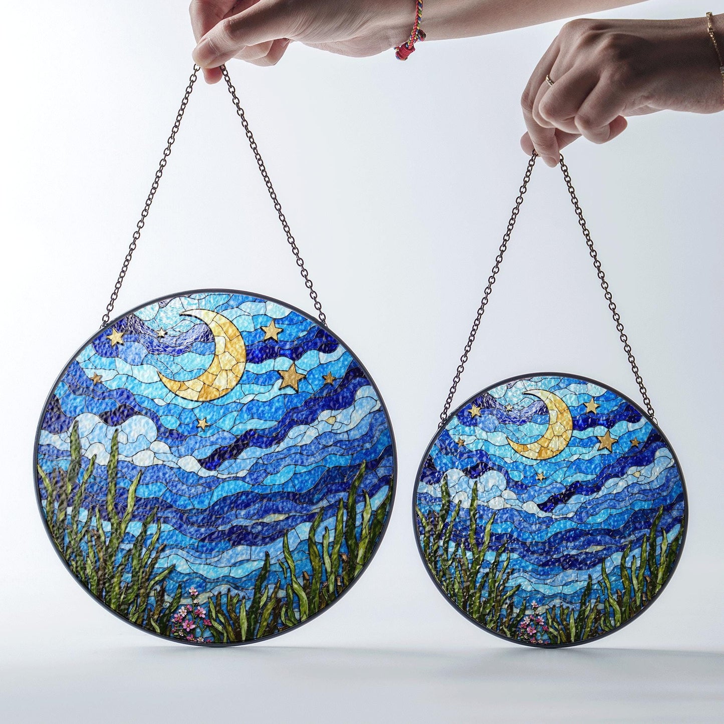 Crescent Moon Starry Sky Night Dream Suncatcher Stained Glass Window Decor Gift for Nature Lovers