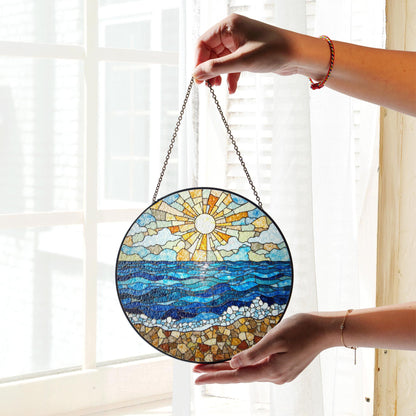 Ocean Shore Sunlight Round Suncatcher Stained Glass Window Decor Gift for Beach Lover Home Blessing