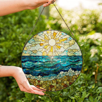 Ocean Shore Sunlight Round Suncatcher Stained Glass Window Decor Gift for Beach Lover Home Blessing