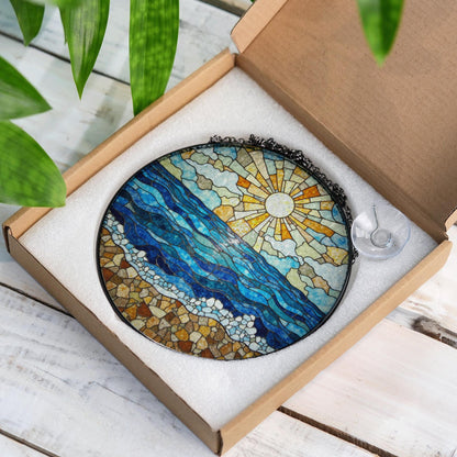 Ocean Shore Sunlight Round Suncatcher Stained Glass Window Decor Gift for Beach Lover Home Blessing