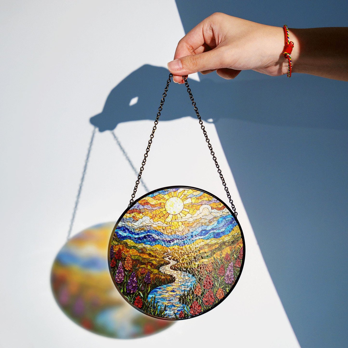 Colorful Mountain River Landscape Suncatcher Glass Art for Nature Lover Gift