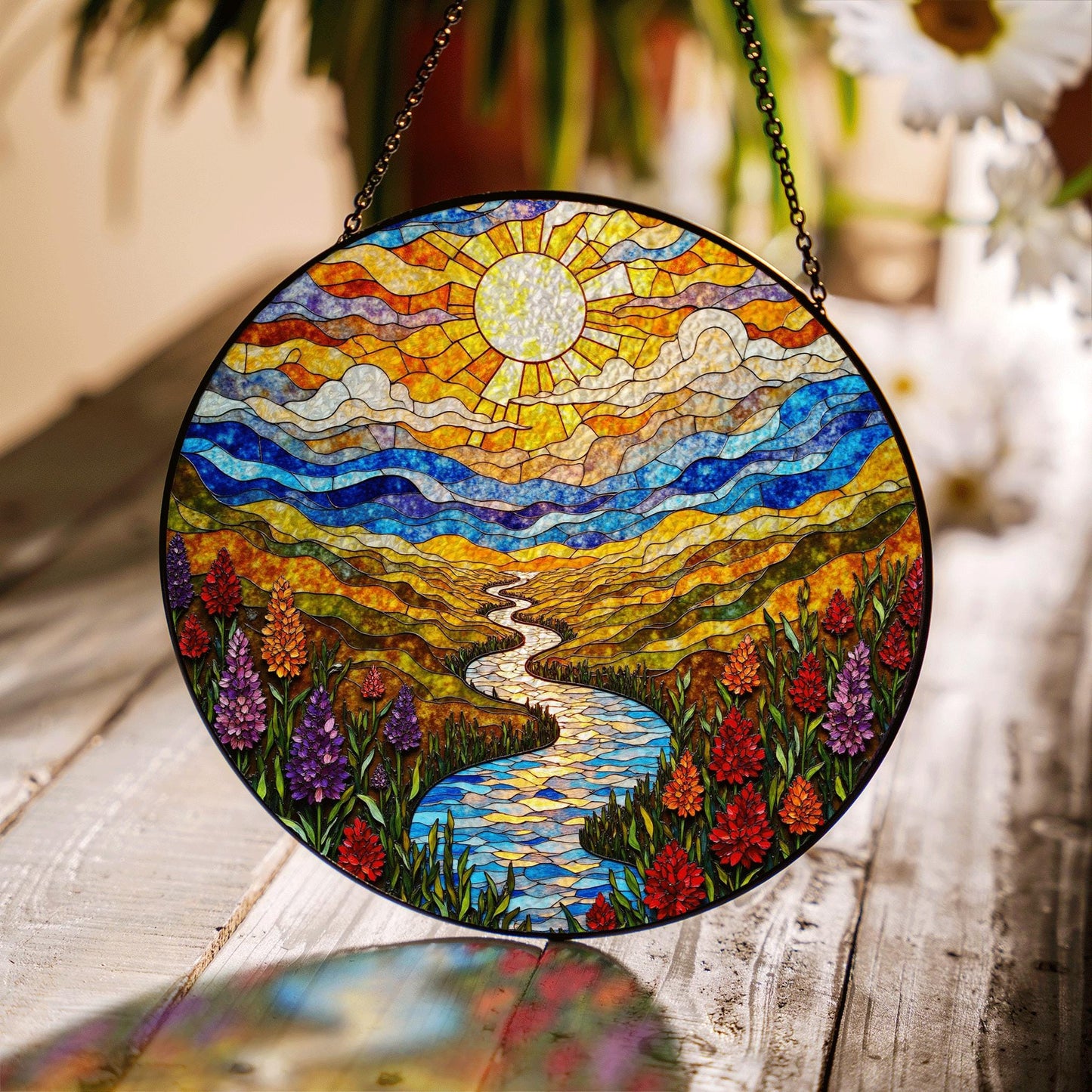 Colorful Mountain River Landscape Suncatcher Glass Art for Nature Lover Gift
