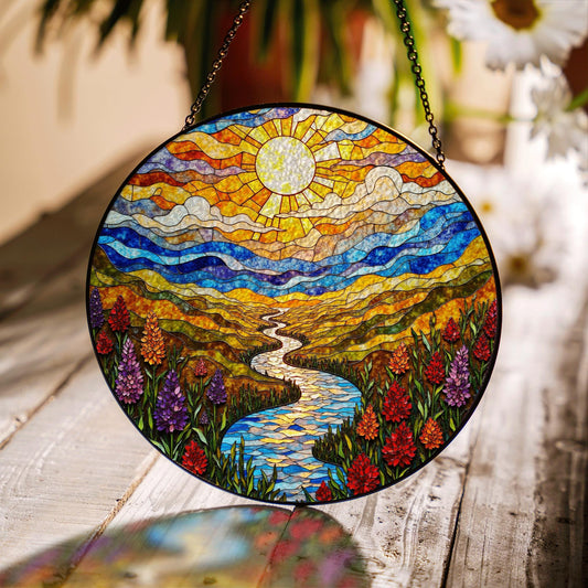 Colorful Mountain River Landscape Suncatcher Glass Art for Nature Lover Gift