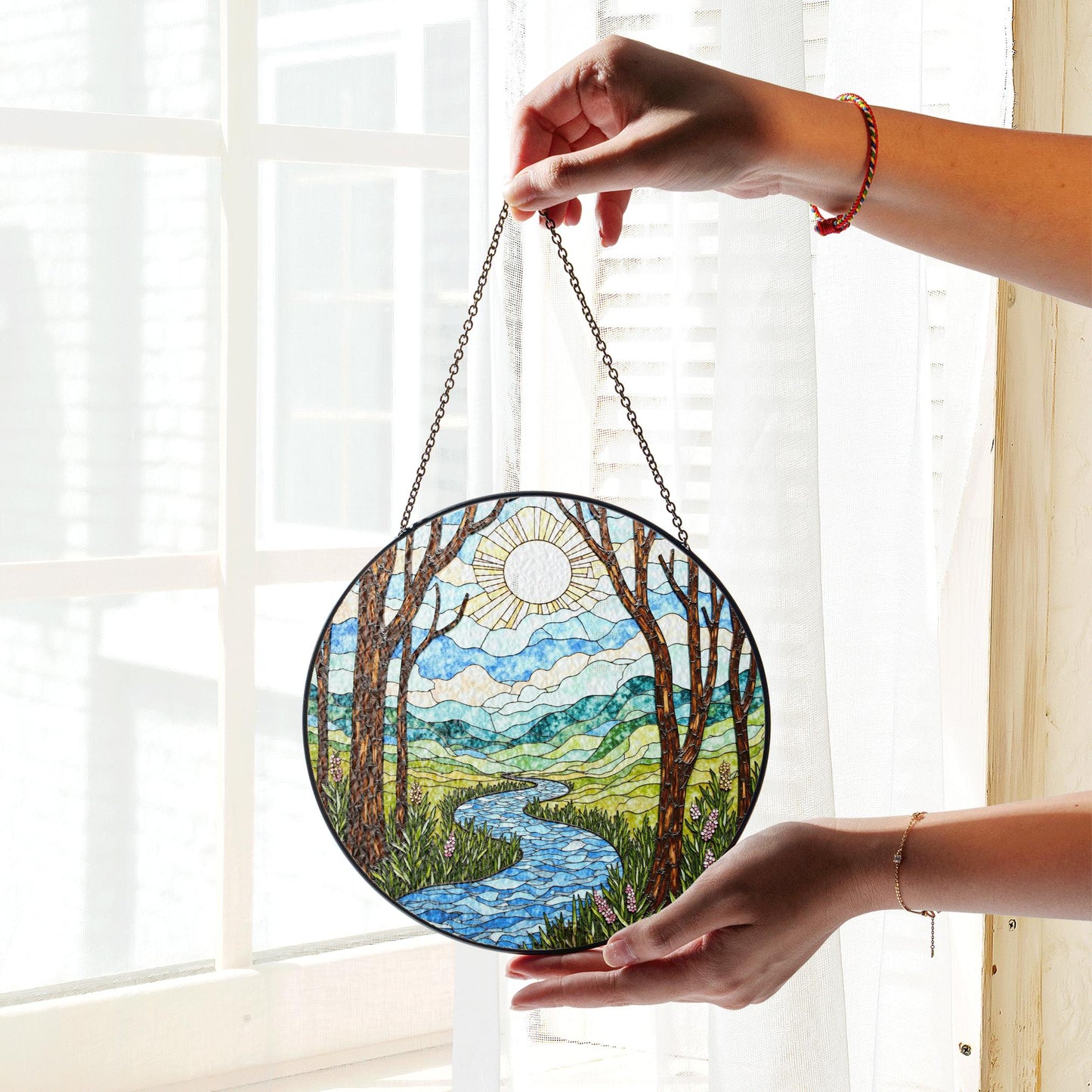 Handcrafted River Valley Landscape Suncatcher Stained Glass Window Decor Gift for Nature Lovers