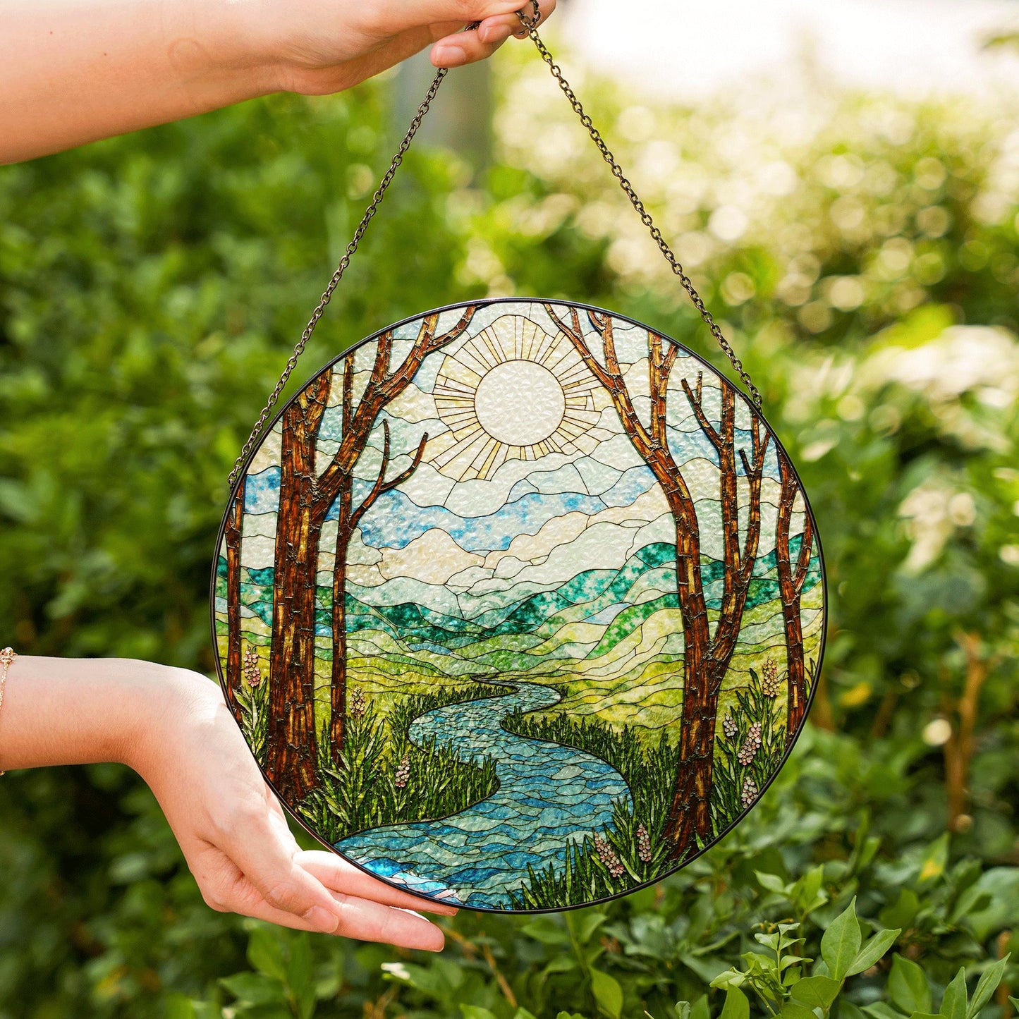 Handcrafted River Valley Landscape Suncatcher Stained Glass Window Decor Gift for Nature Lovers