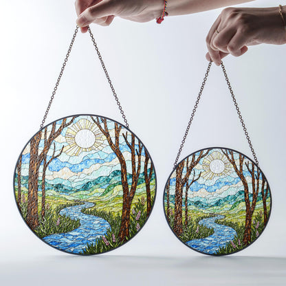 Handcrafted River Valley Landscape Suncatcher Stained Glass Window Decor Gift for Nature Lovers