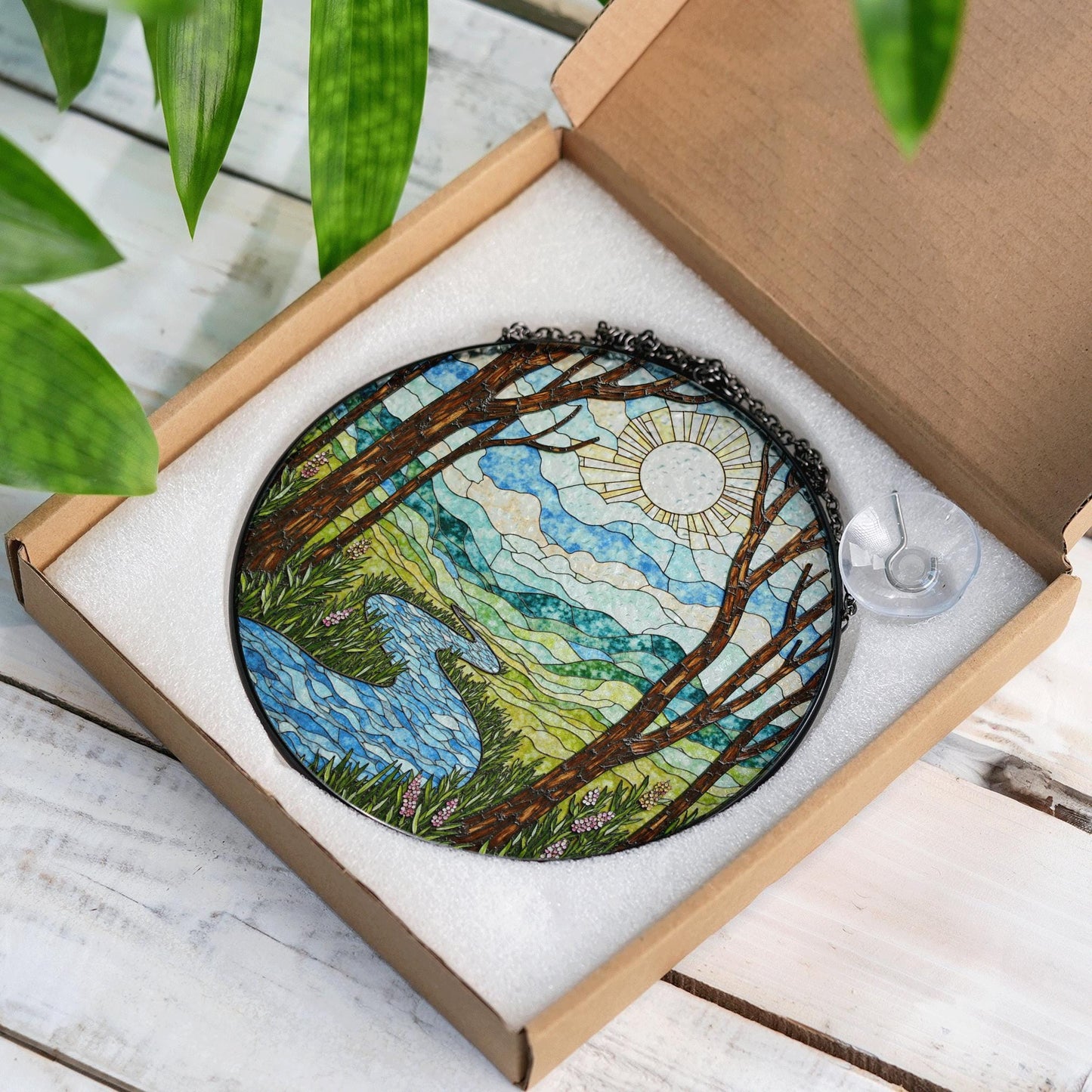 Handcrafted River Valley Landscape Suncatcher Stained Glass Window Decor Gift for Nature Lovers