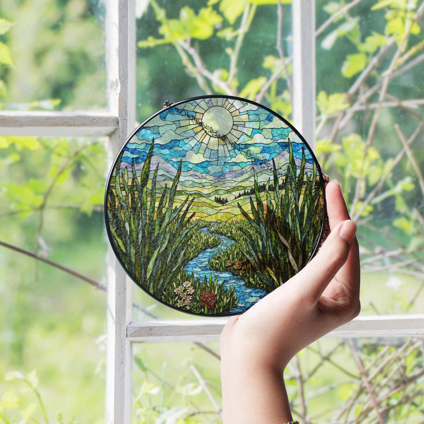 Sunny River Valley Landscape Stained Glass Style Suncatcher Gift for Nature Lover Window Decor