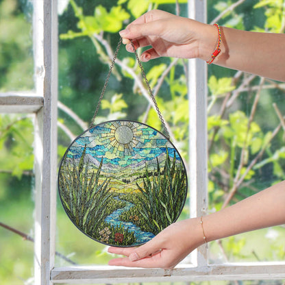 Sunny River Valley Landscape Stained Glass Style Suncatcher Gift for Nature Lover Window Decor