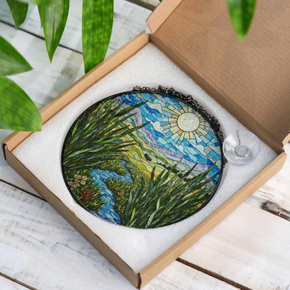 Sunny River Valley Landscape Stained Glass Style Suncatcher Gift for Nature Lover Window Decor