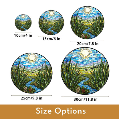 Sunny River Valley Landscape Stained Glass Style Suncatcher Gift for Nature Lover Window Decor