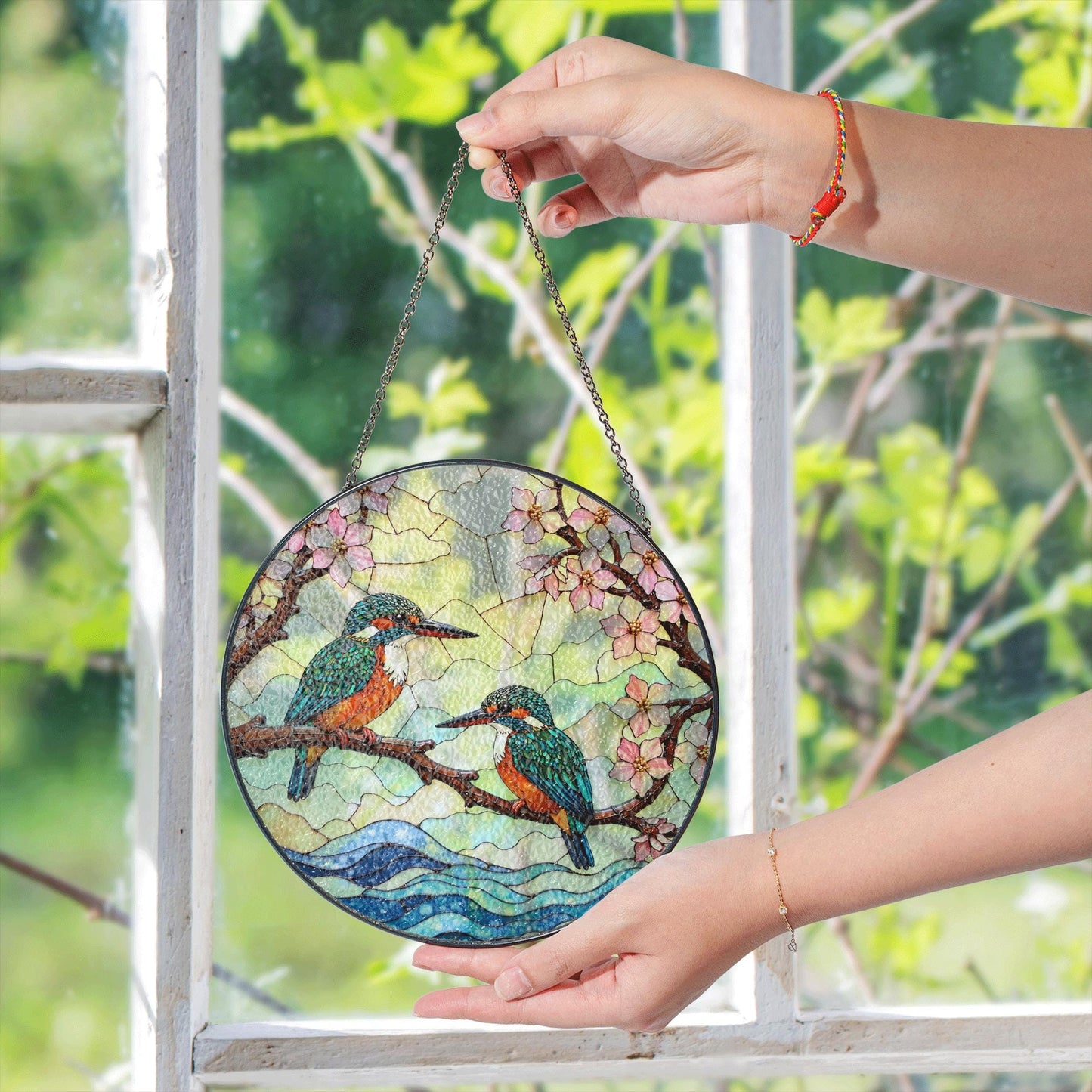 Kingfishers on Branch Stained Glass Suncatcher Bird Window Hanging Gift for Bird Lovers