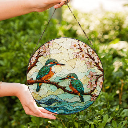 Kingfishers on Branch Stained Glass Suncatcher Bird Window Hanging Gift for Bird Lovers