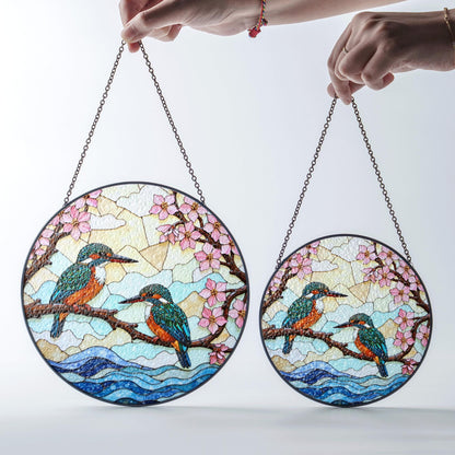 Kingfishers on Branch Stained Glass Suncatcher Bird Window Hanging Gift for Bird Lovers