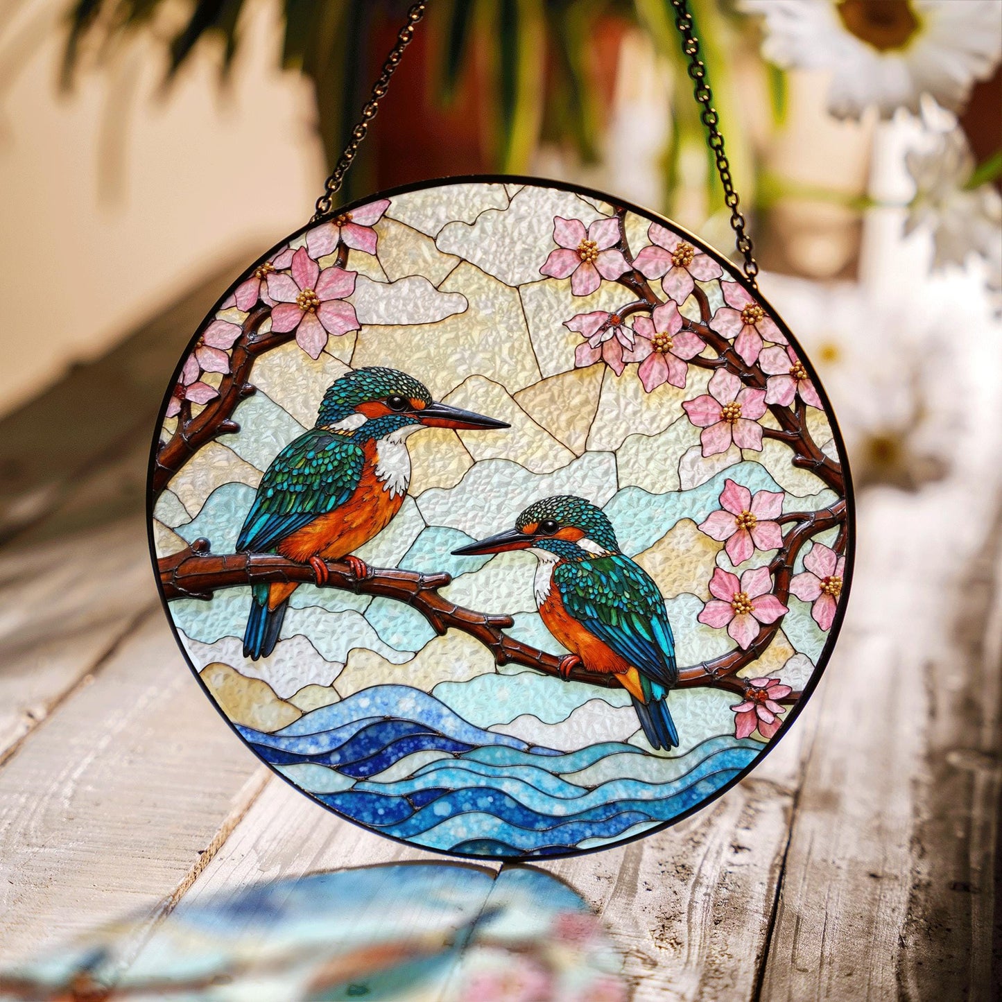 Kingfishers on Branch Stained Glass Suncatcher Bird Window Hanging Gift for Bird Lovers