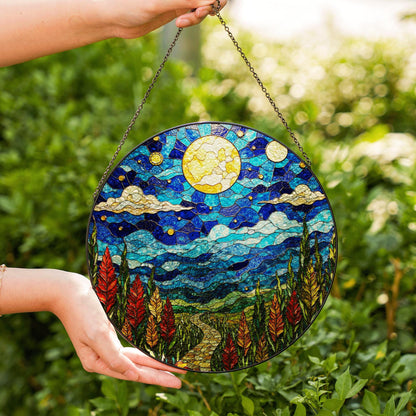 Moonlit Pathway Night Sky Stained Glass Suncatcher Window Hanging Gift for Nature Lovers
