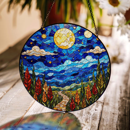 Moonlit Pathway Night Sky Stained Glass Suncatcher Window Hanging Gift for Nature Lovers