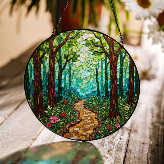 Enchanted Forest Trail Stained Glass Style Suncatcher Gift for Nature Lovers
