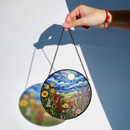 Wildflower Meadow and Blue Sky Suncatcher Handmade Stained Glass Style Window Decor Gift for Nature Lover